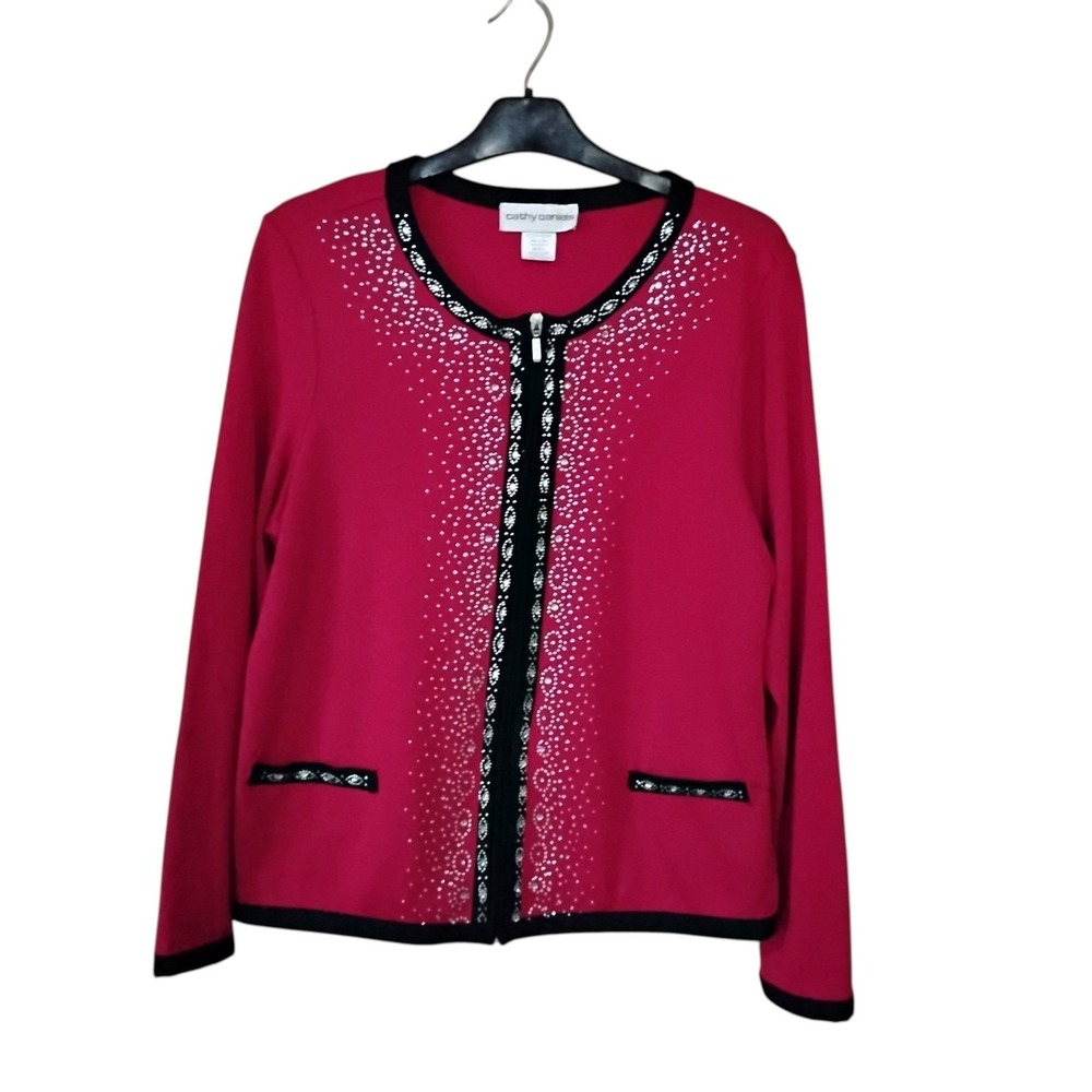 Cathy Daniels Red Rhinestone Zip Front Cardigan Sweater Black Trim Small